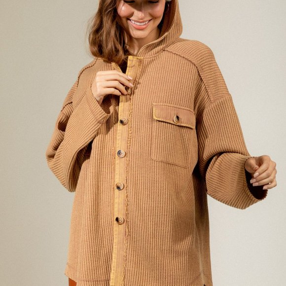 Hooded ribbed solid knit jacket-camel - Picture 3 of 3
